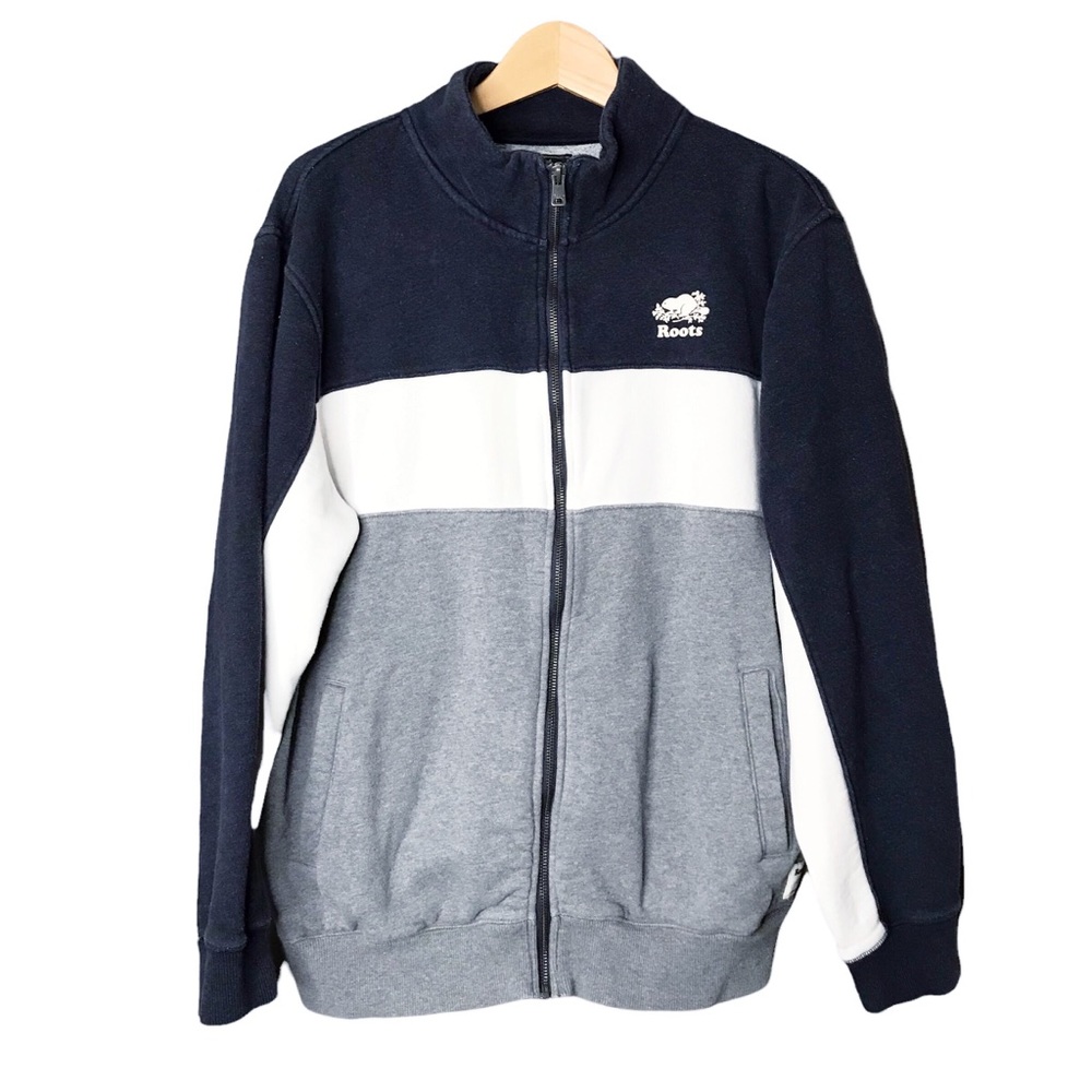 Roots Canada Colourblock Full Zip Sweatshirt Sweater Navy Blue Grey Top Men's XL
